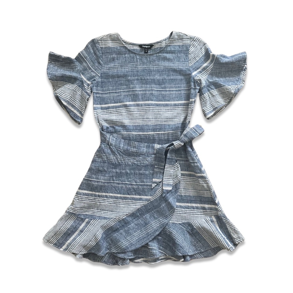 🏷️*Price Drop* J. Crew Blue Striped Linen Mini Dress w/ Wrap Skirt Size XSmall